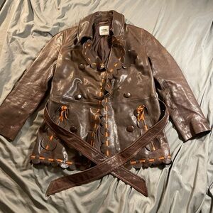 Moschino Dark Brown Leather Jacket with Orange Accents